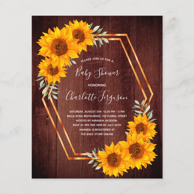 Lámina Invitación a la ducha de bebé de girasoles rústico (Anverso)