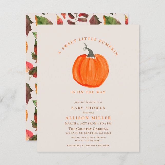 Lámina Invitación a la ducha de bebé de la calabaza del p (Anverso / Reverso)