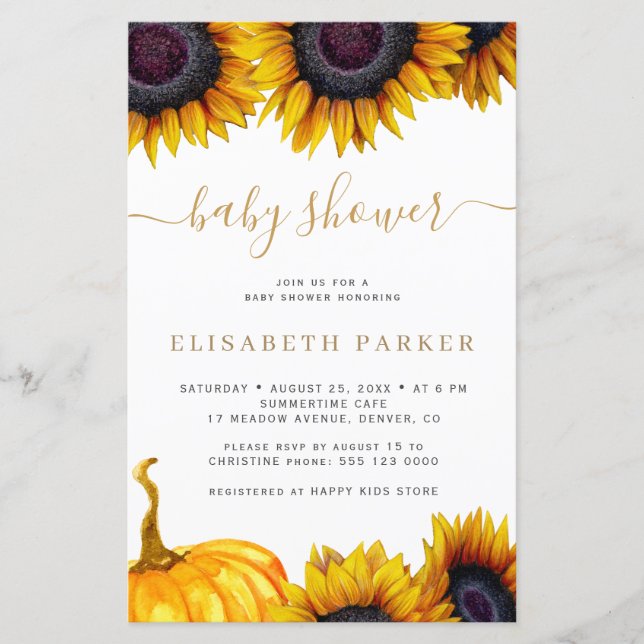 Lámina Invitación a la ducha de bebé de oro de girasol pr (Anverso)