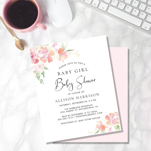 Lámina Invitación a la ducha de bebé rosa floral con pres (Subido por el creador)