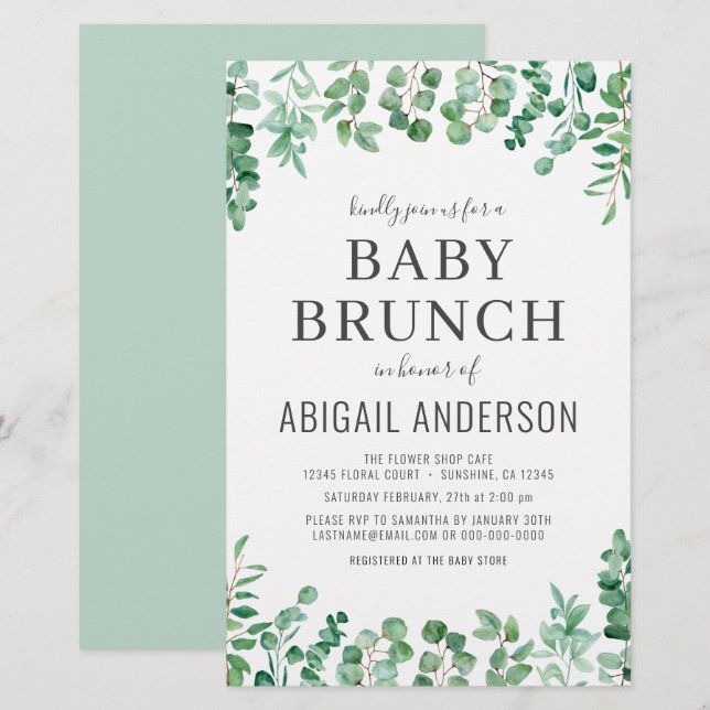 Lámina Invitación a la ducha de eucalipto Baby Brunch (Anverso / Reverso)