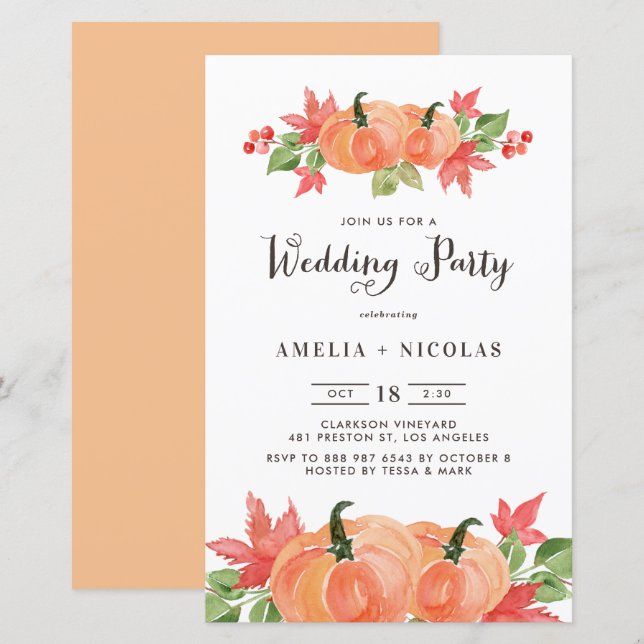 Lámina Invitación a la ducha de la calabaza acuarela (Anverso / Reverso)