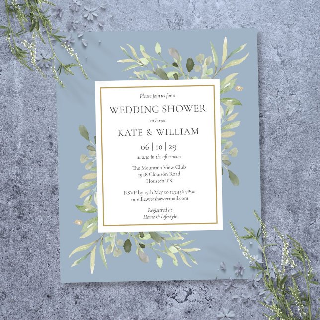 Lámina Invitación a la ducha de la dudosa Boda Azul de la (Budget Greenery Dusty Blue Wedding Shower Invite)