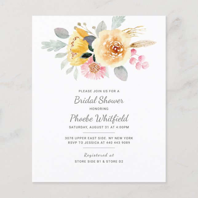 Lámina Invitación a la ducha de novia acuarela floral (Anverso)