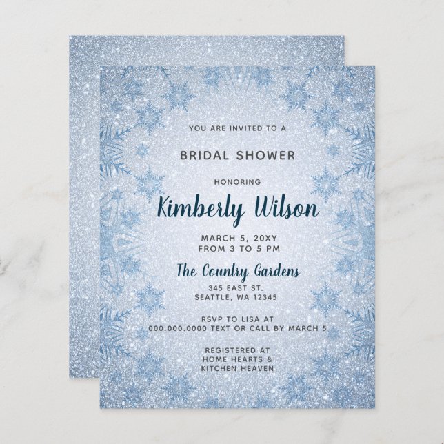 Lámina Invitación a la ducha de novia Blue Snowflakes (Anverso / Reverso)