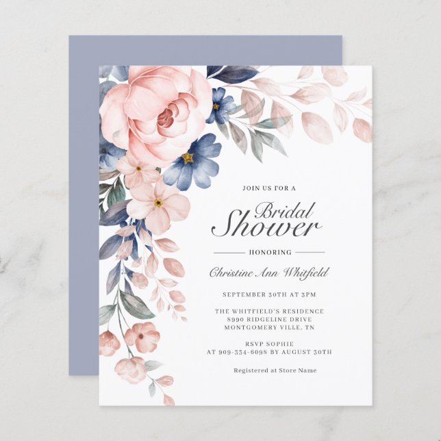 Lámina Invitación a la ducha de novia con flores azules r (Anverso / Reverso)