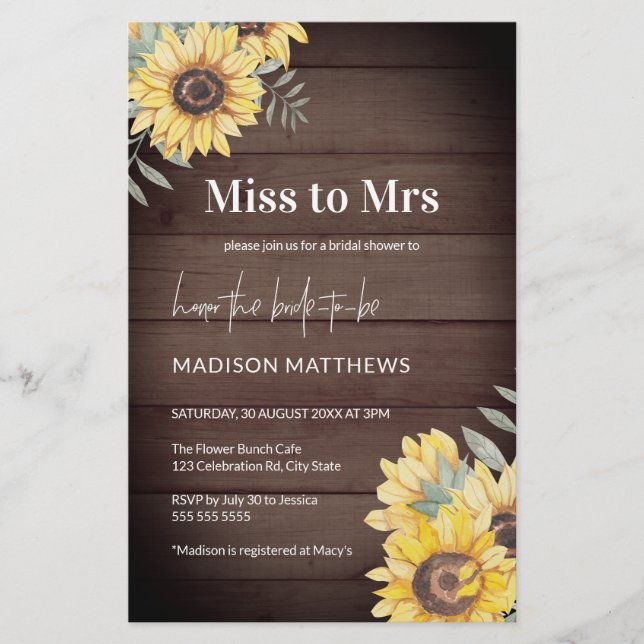 Lámina Invitación a la ducha de novia con girasol de made (Anverso)