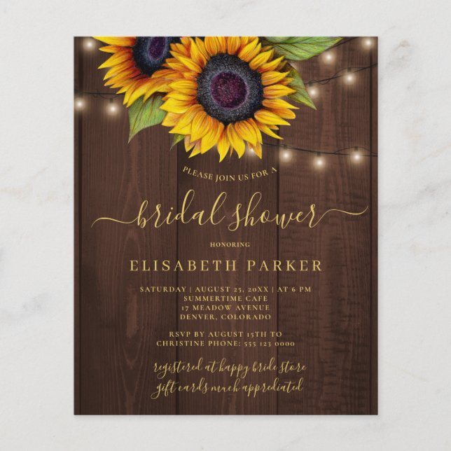 Lámina Invitación a la ducha de novia con girasol ruso BU (Anverso)