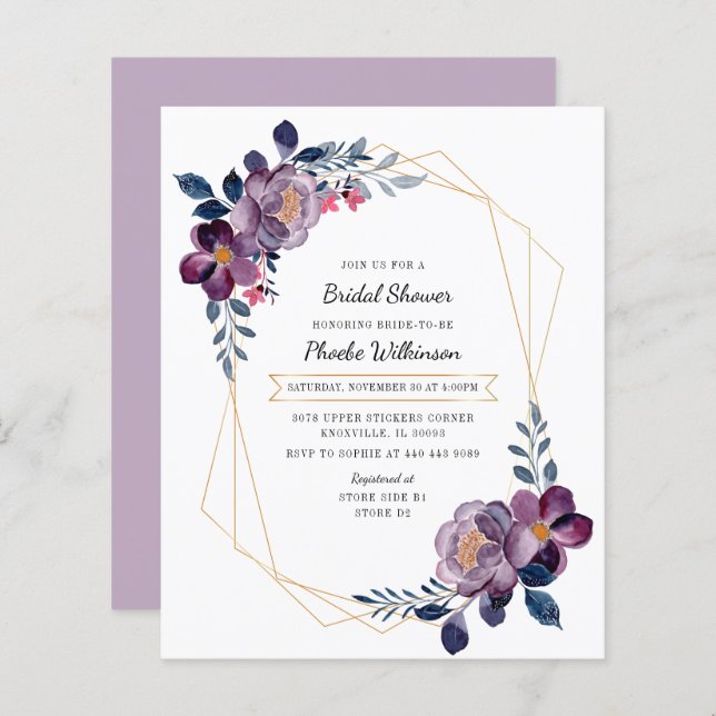 Lámina Invitación a la ducha de novia con guión morado de (Anverso / Reverso)