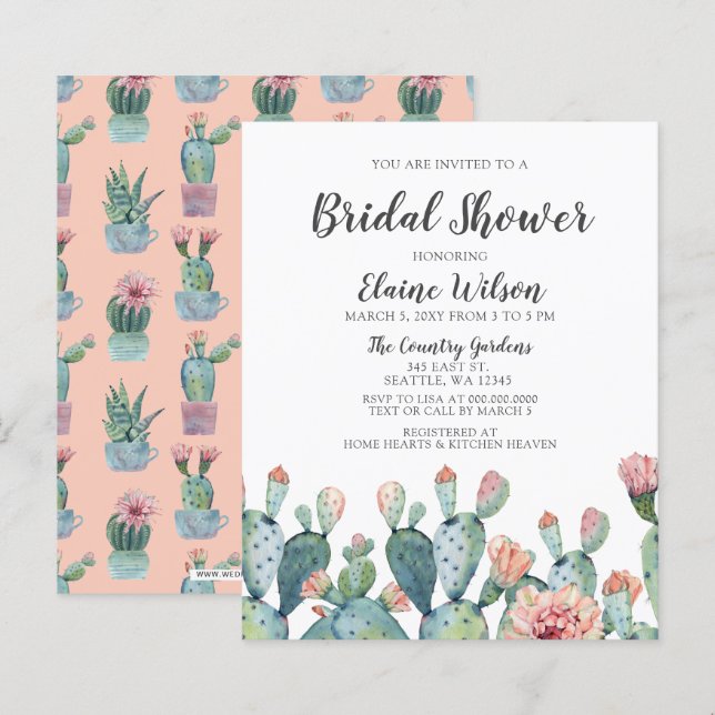 Lámina Invitación a la ducha de novia de Cactus de Rubor  (Anverso / Reverso)