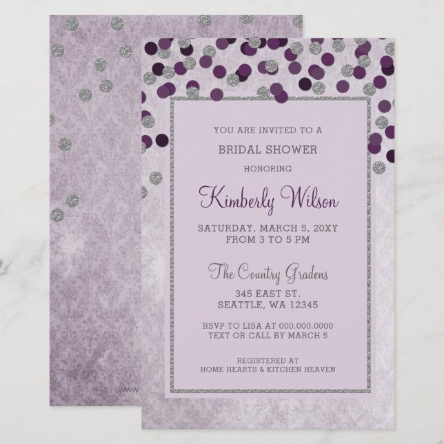 Lámina Invitación a la ducha de novia de Confetti púrpura (Anverso / Reverso)