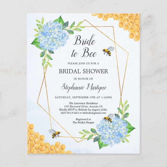 Lámina Invitación a la ducha de novia de Hydrangea Azul (Anverso)