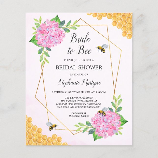 Lámina Invitación a la ducha de novia de Hydrangea Rosa (Anverso)