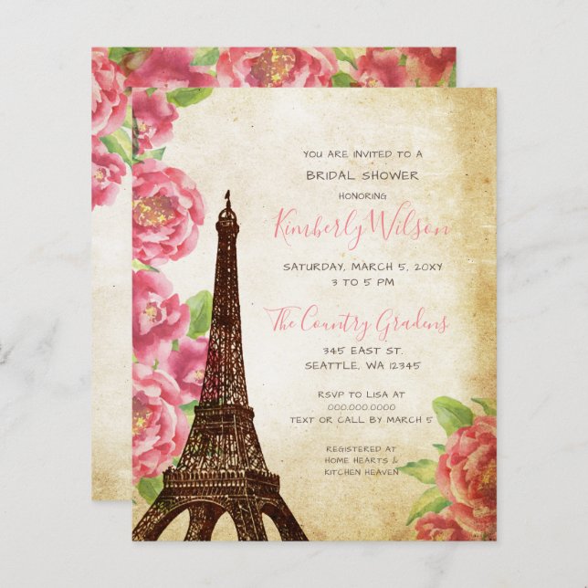 Lámina Invitación a la ducha de novia de la Torre Eiffel  (Anverso / Reverso)
