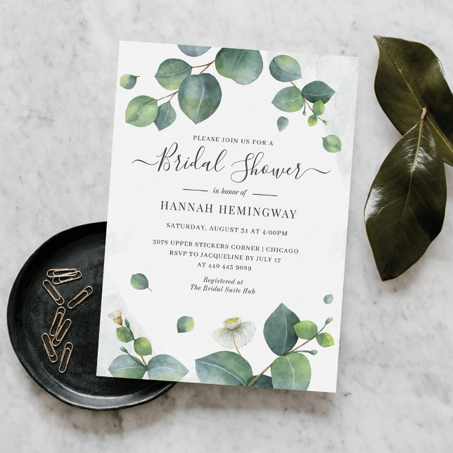 Lámina Invitación a la ducha de novia Eucalyptus Greenery (Eucalyptus Greenery Watercolor Script Bridal Shower Invitation)