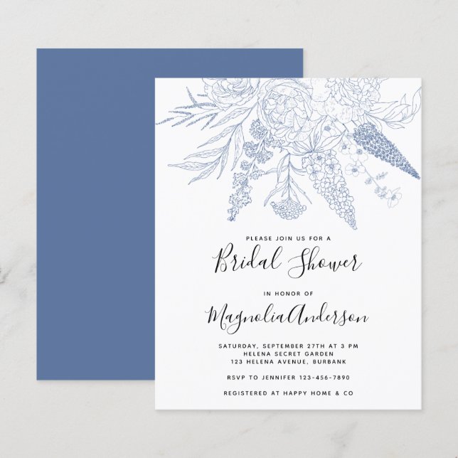 Lámina Invitación a la ducha de novia floral azul BUDGET (Anverso / Reverso)