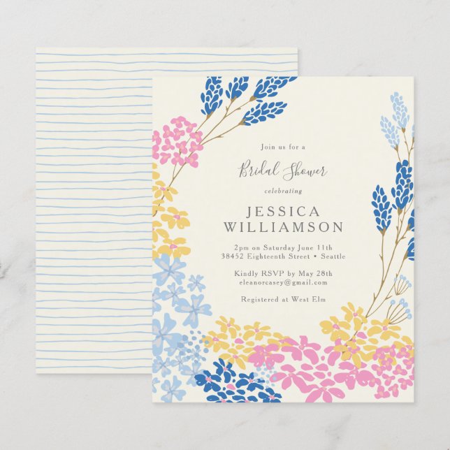 Lámina Invitación a la ducha de novia floral azul rosada  (Anverso / Reverso)