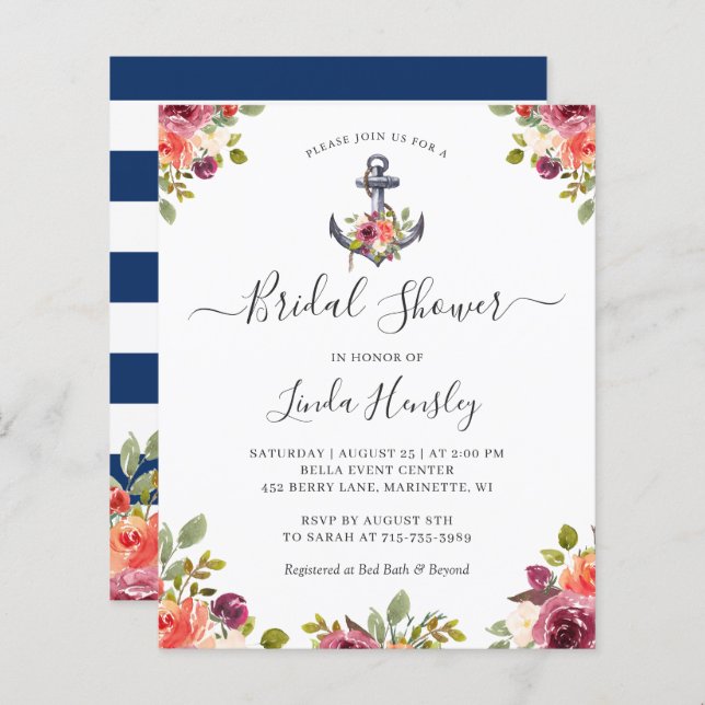 Lámina Invitación a la ducha de novia floral de ancla náu (Anverso / Reverso)