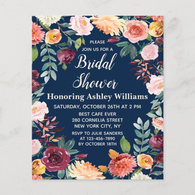 Lámina Invitación a la ducha de novia floral de la marina (Anverso)