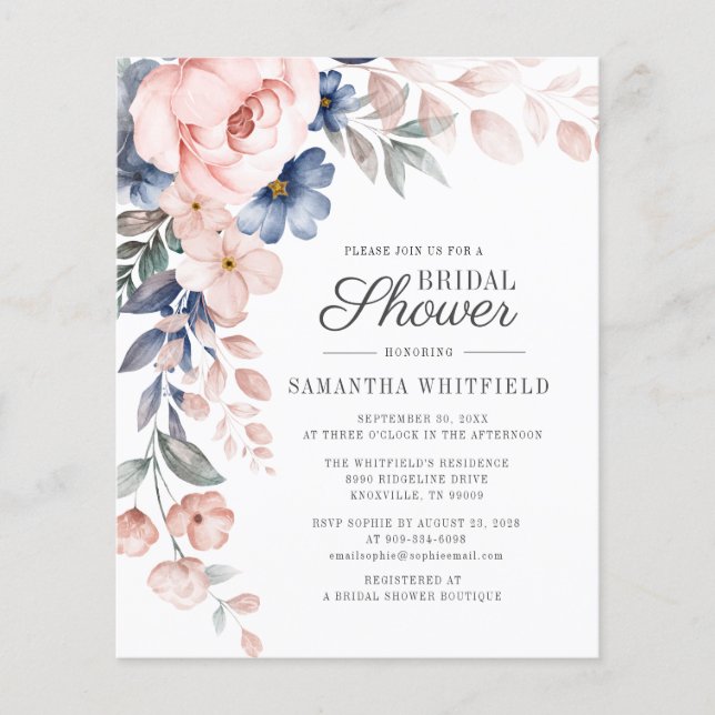 Lámina Invitación a la ducha de novia floral rosa (Anverso)