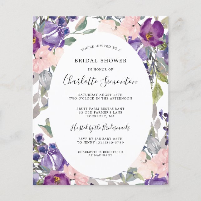 Lámina Invitación a la ducha de novia floral rosa morado (Anverso)