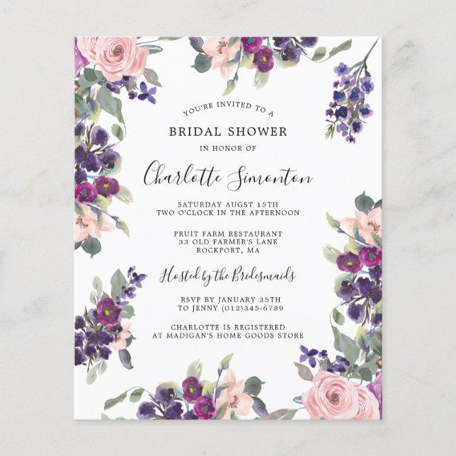 Lámina Invitación a la ducha de novia floral rosa morado (Anverso)