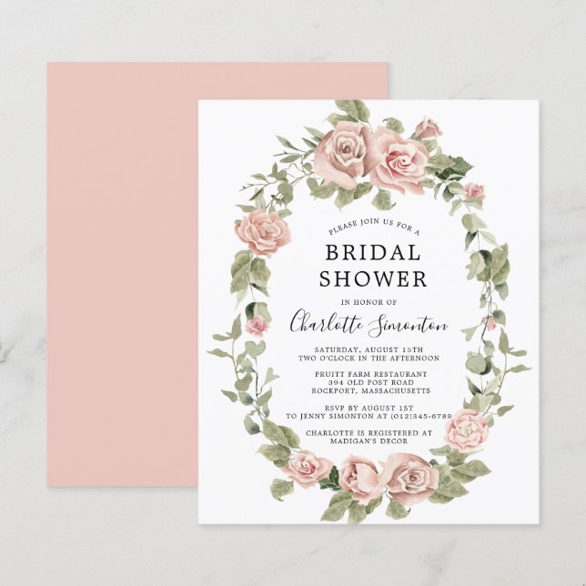 Lámina Invitación a la ducha de novia floral rosa rosa ro (Anverso / Reverso)