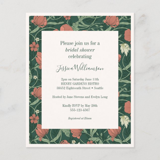 Lámina Invitación a la ducha de novia floral verde rústic (Anverso)