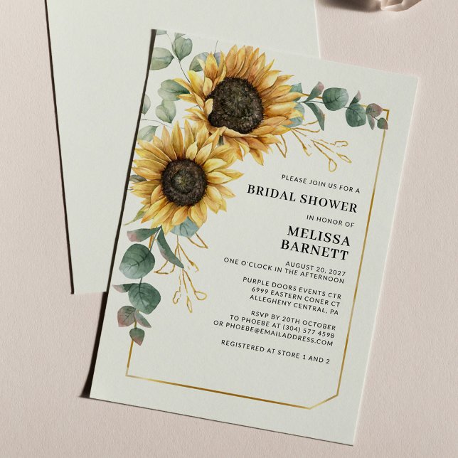 Lámina Invitación a la ducha de novia florida Eucalyptus  (Floral Sunflowers Watercolor Eucalyptus Geometric Bridal Shower Invitation)