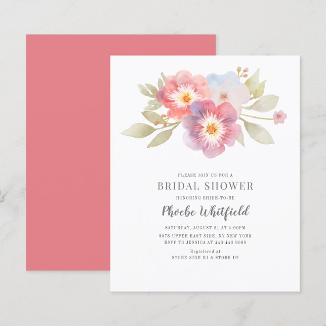 Lámina Invitación a la ducha de novia púrpura floral rosa (Anverso / Reverso)