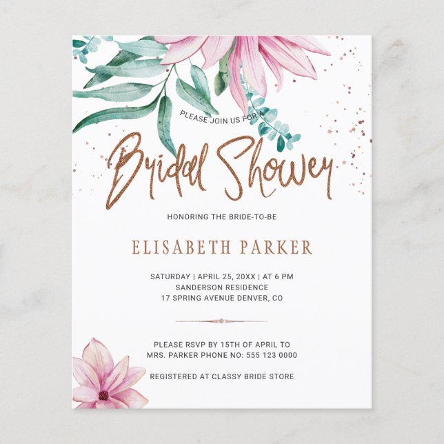 Lámina Invitación a la ducha de novia rosa floral de moda (Anverso)