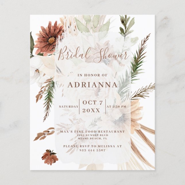 Lámina Invitación a la ducha de novias Boda Boho Pampas (Anverso)