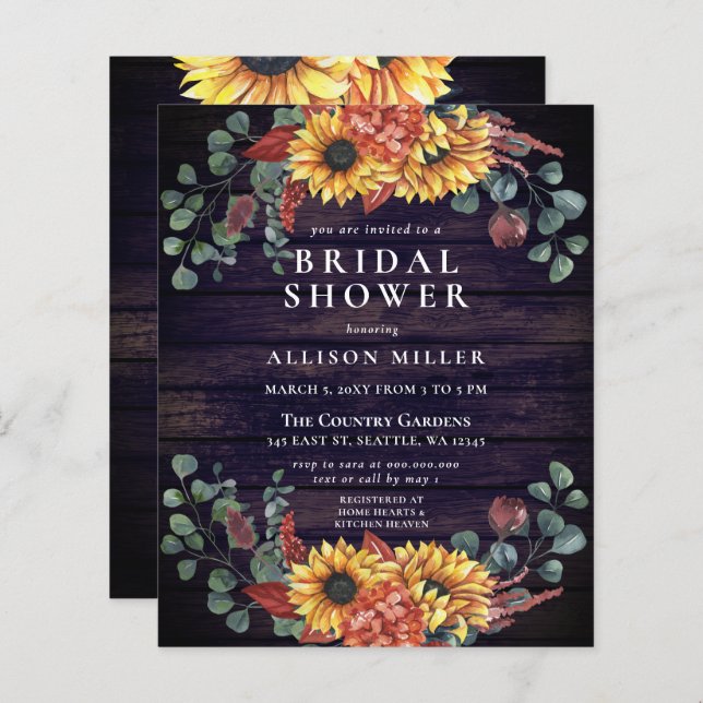 Lámina Invitación a la ducha de novias con girasoles de m (Anverso / Reverso)