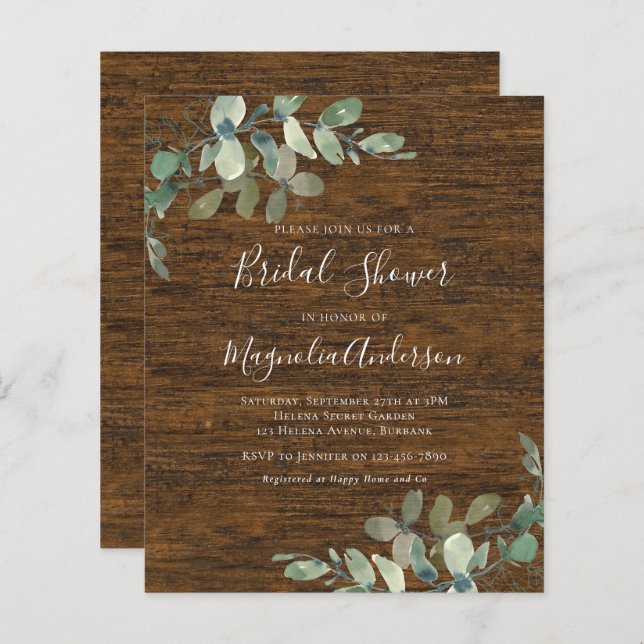 Lámina Invitación a la ducha de novias de Eucalipto Rústi (Anverso / Reverso)