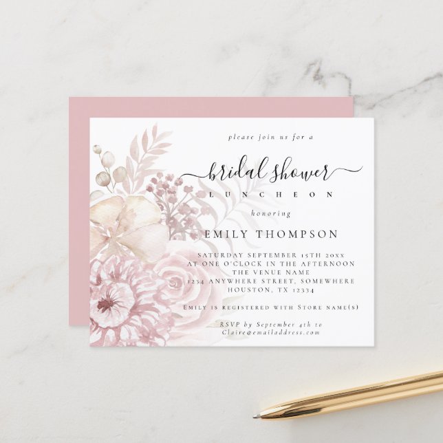 Lámina Invitación a la ducha de novias de flores rosadas  (Anverso/Reverso In Situ)