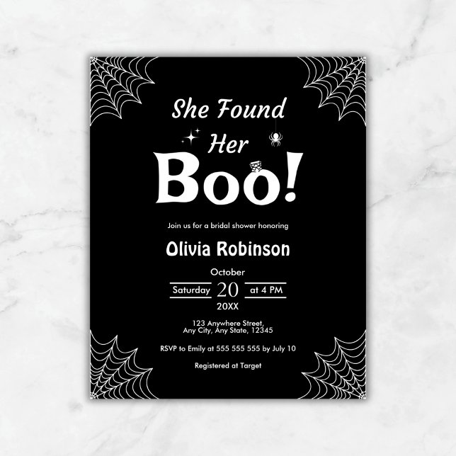 Lámina Invitación a la ducha de novias de Halloween negro (Budget Black She Found Her Boo Halloween Bridal Shower Invitation   )