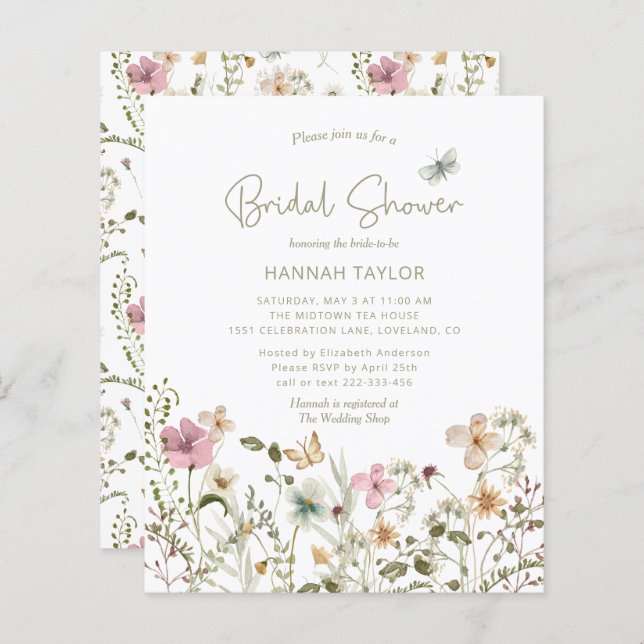 Lámina Invitación a la ducha de novias entre flores silve (Anverso / Reverso)