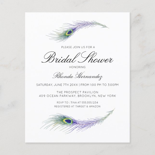Lámina Invitación a la ducha de novias Purple Peacock (Anverso)