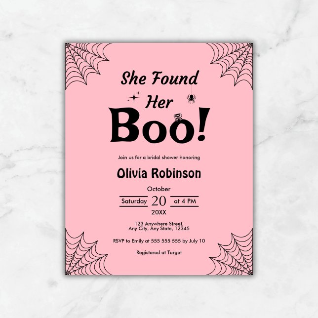 Lámina Invitación a la ducha de novias rosada de Hallowee (Budget Pink She Found Her Boo Halloween Bridal Shower Invitation )