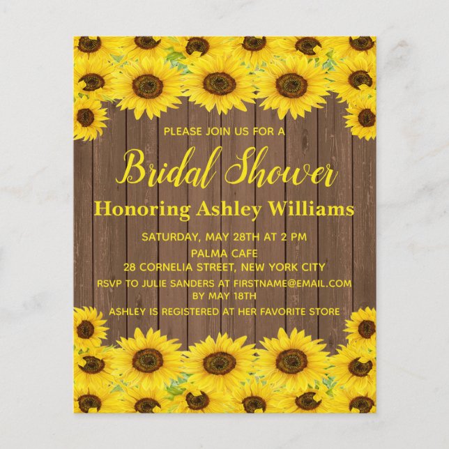 Lámina Invitación a la ducha de novias Rustic Sunflowers  (Anverso)