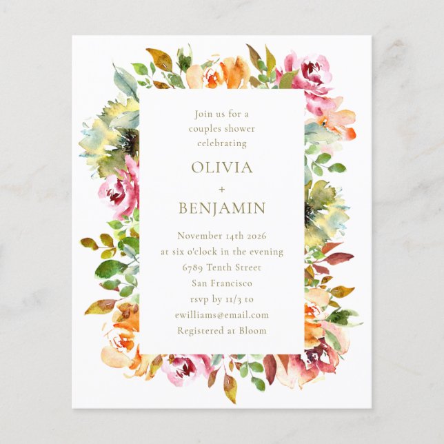 Lámina Invitación a la ducha de parejas florales rusticas (Anverso)