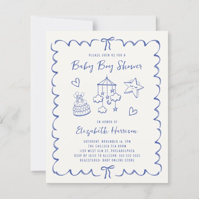 Lámina Invitación a la ducha del niño con marco ondulado  (Anverso)