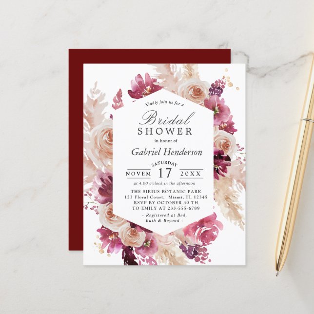 Lámina Invitación a la ducha nupcial de Boho Maroon (Anverso/Reverso In Situ)
