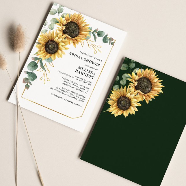 Lámina Invitación a la ducha nupcial de Eucalyptus Sunflo (Eucalyptus Sunflower Bridal Shower Front and back alt view)