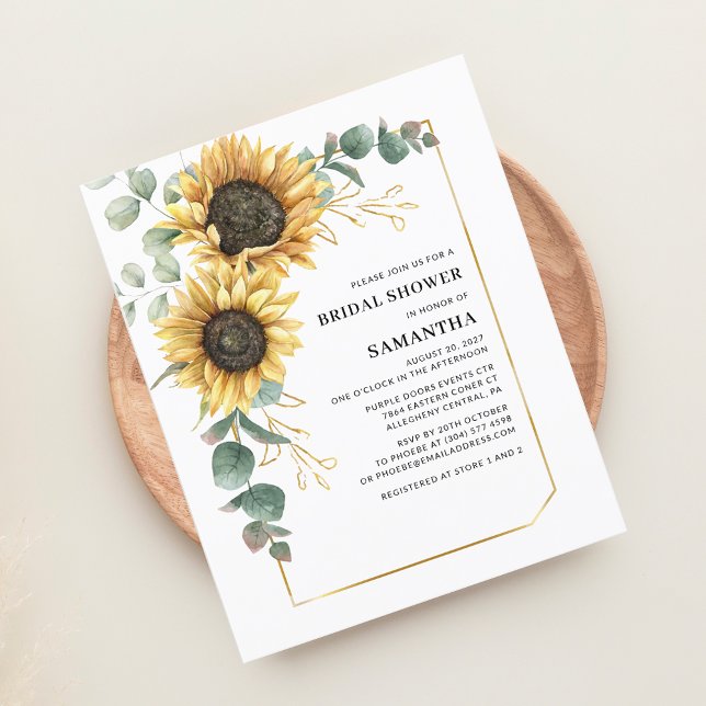 Lámina Invitación a la ducha nupcial de Eucalyptus Sunflo (Floral Sunflower Eucalyptus Greenery Buddet Bridal Shower Invitation)