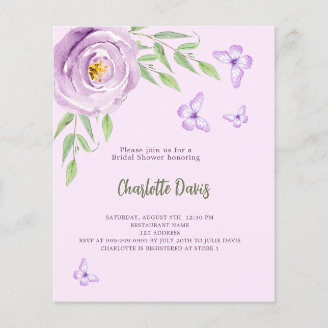 Lámina Invitación a la ducha nupcial de mariposas violeta (Anverso)