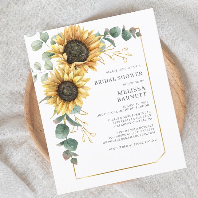 Lámina Invitación a la ducha nupcial de Sunflower Eucalyp (Modern Sunflower Eucalyptus Script First Last Name Bridal Shower Invitation)