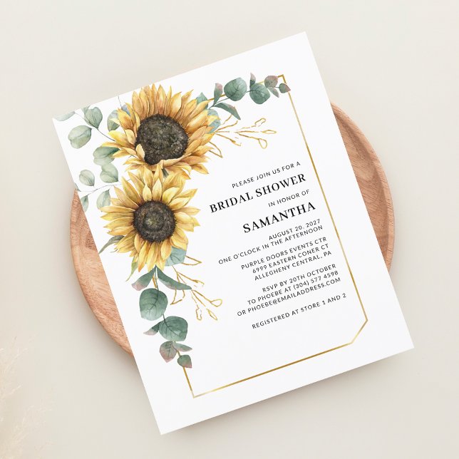 Lámina Invitación a la ducha nupcial de Sunflower Eucalyp (Sunflower Eucalyptus Greenery Buddet Bridal Shower Invitation)