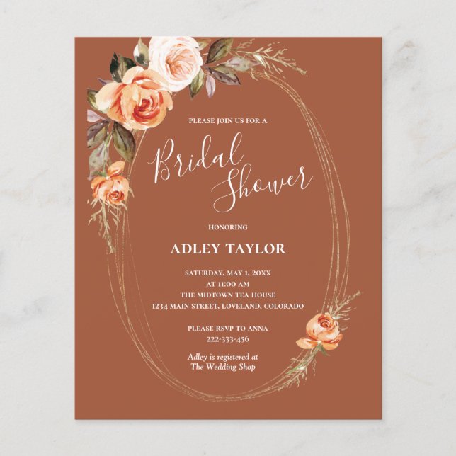 Lámina Invitación a la ducha nupcial floral de terracota  (Anverso)