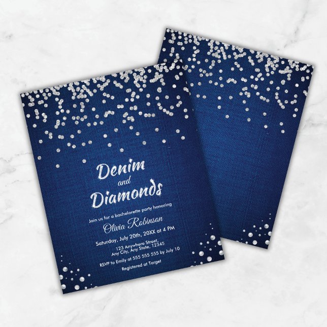 Lámina Invitación a la fiesta de bachillerato de denim az (Budget Blue Denim and Diamonds Bachelorette Party Invite     )